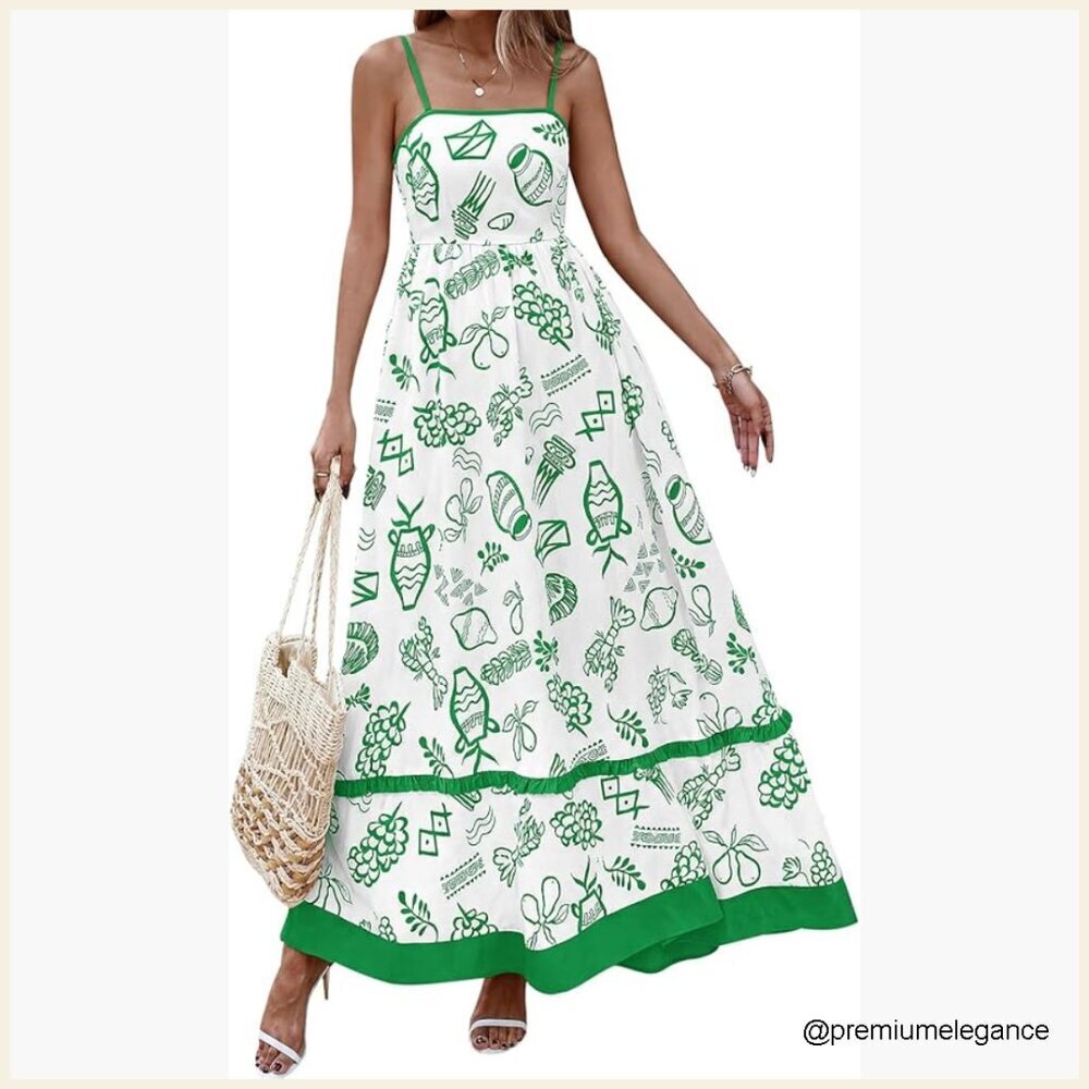 Spaghetti Strap Maxi Dress with Pockets, Flowy Boho Sundress, Sleeveless